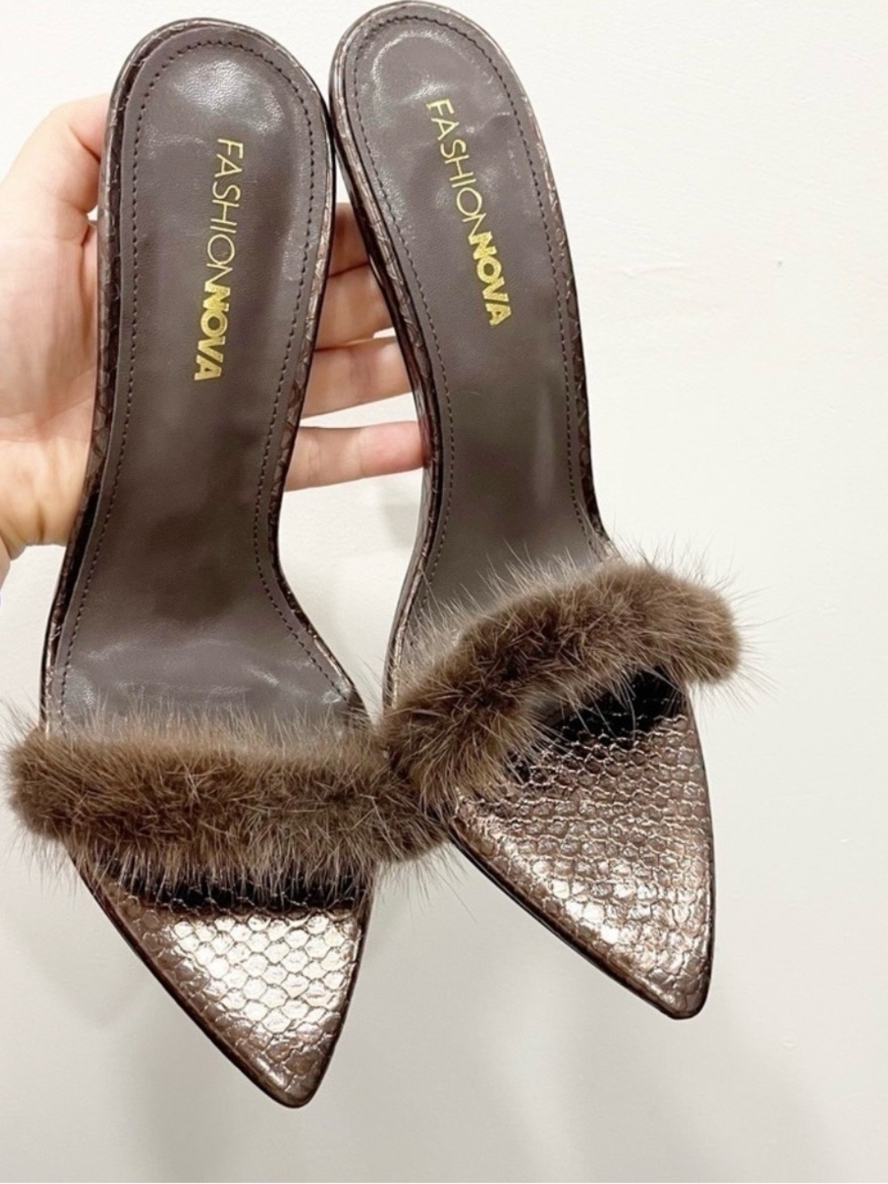 Fashion Nova Hotter Than Hell Heeled Mules Faux Fur Chocolate Brown Size 10